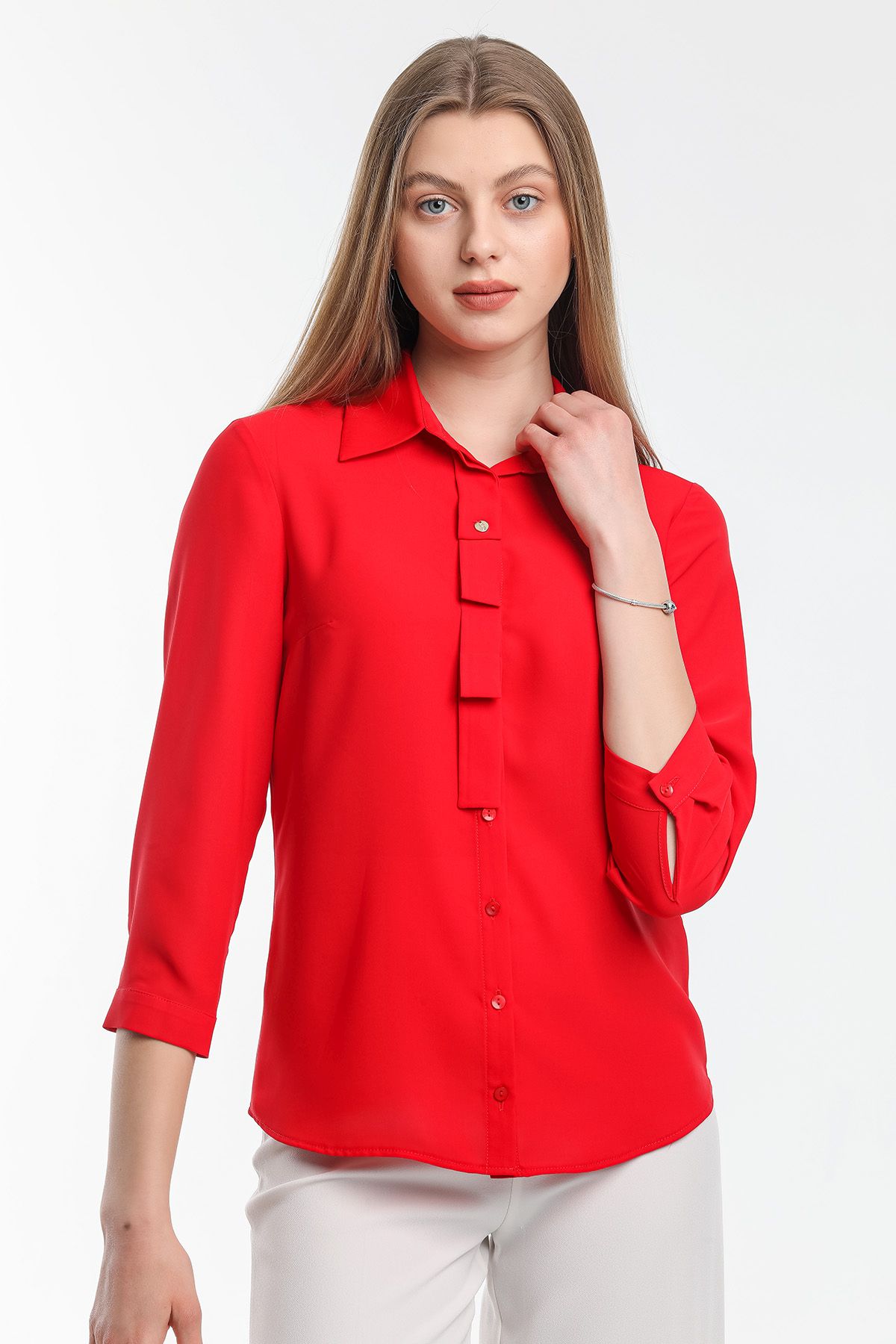 Kırmızı Klasik Pat Detay Gömlek